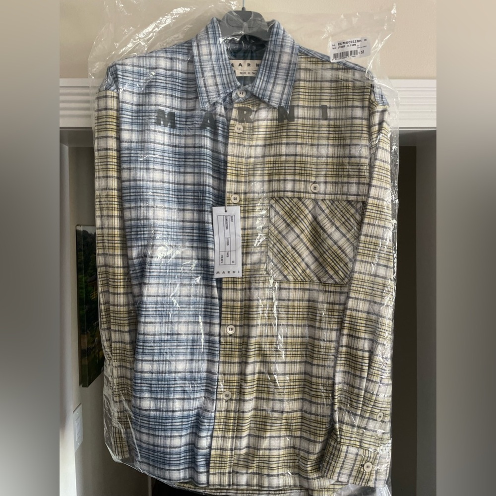 Marni Blue and Yellow Plaid Men's Button-Down Shirt-New